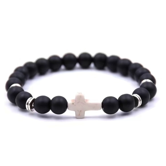 Black Matte Stone Cross Beaded Bracelet - Picture 6 of 6